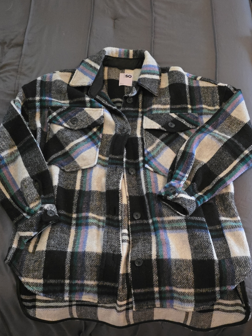 SO Black & Cream Plaid Jean Shacket with Blue and Purple Accents